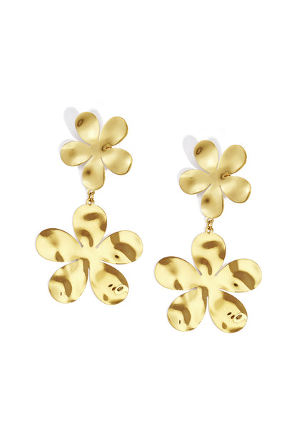 Pair of gold floral drop earrings with two linked flowers, each having five rounded petals and polished finish