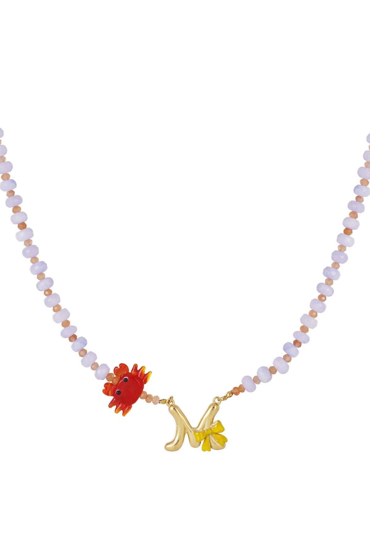 Beaded necklace with lilac and orange beads featuring a gold initial "M" charm, a yellow bow, and a red crab charm.