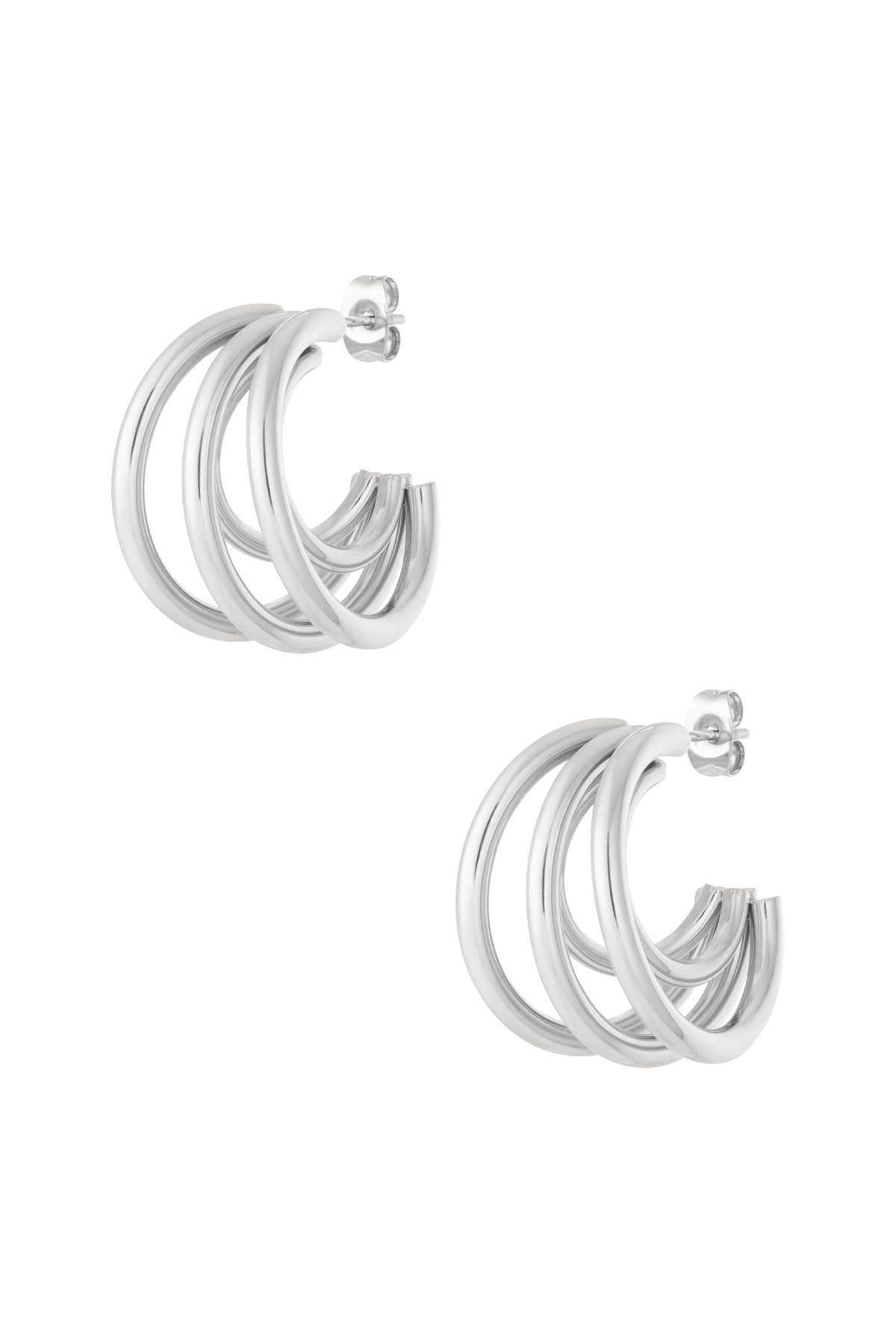 Silver triple hoop earrings displayed against white background showcasing polished finish and intertwined hoops