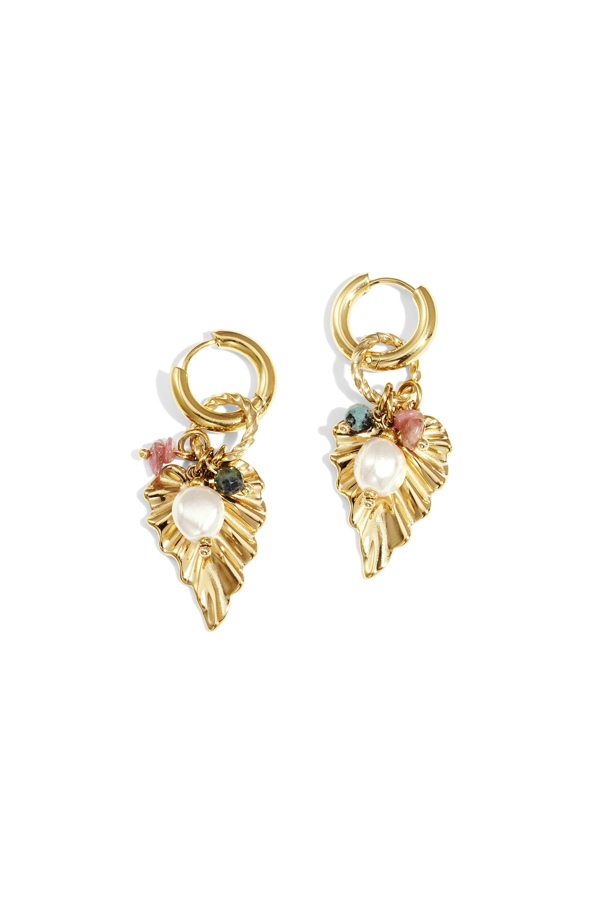 Pair of gold-tone leaf drop earrings with faux pearls and colorful stone accents on a white background