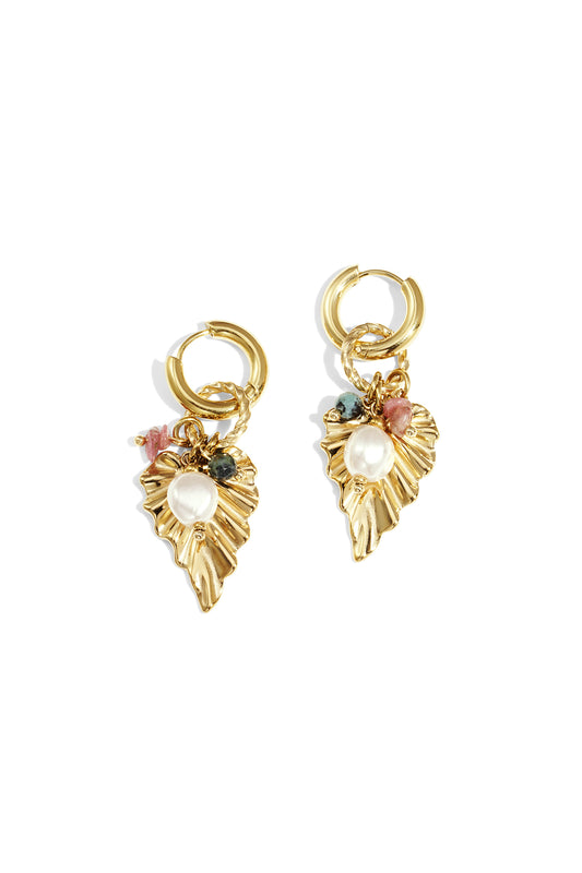 Pair of gold-tone leaf drop earrings with faux pearls and colorful stone accents on a white background