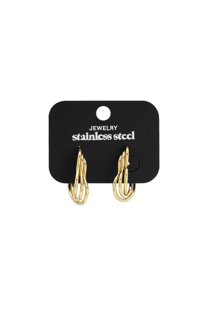 Coquette Puff gold stainless steel hoop earrings with a tiered, multi-loop sculptural design on a black display card.