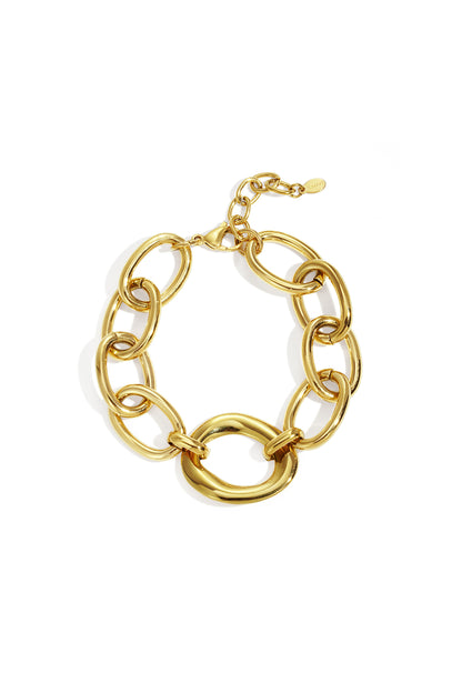 Golden chunky linked chain bracelet laid flat on white background