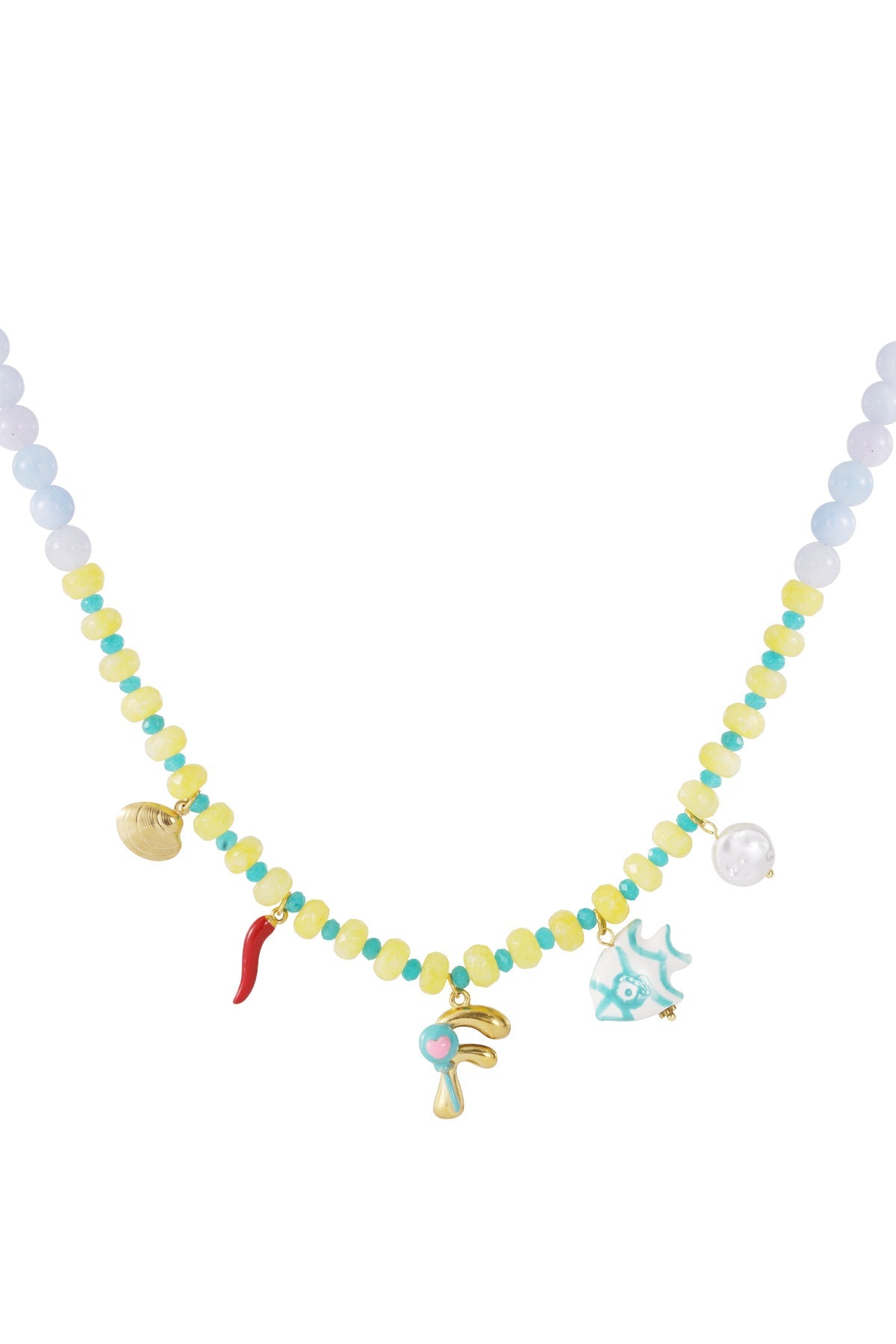 White and light purple beaded necklace with a gold letter J pendant decorated with cherries and a sun charm