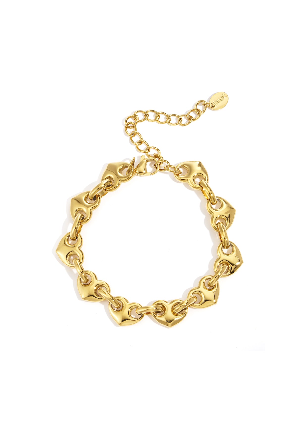 Gold heart-shaped chain bracelet with adjustable clasp laid flat on white background