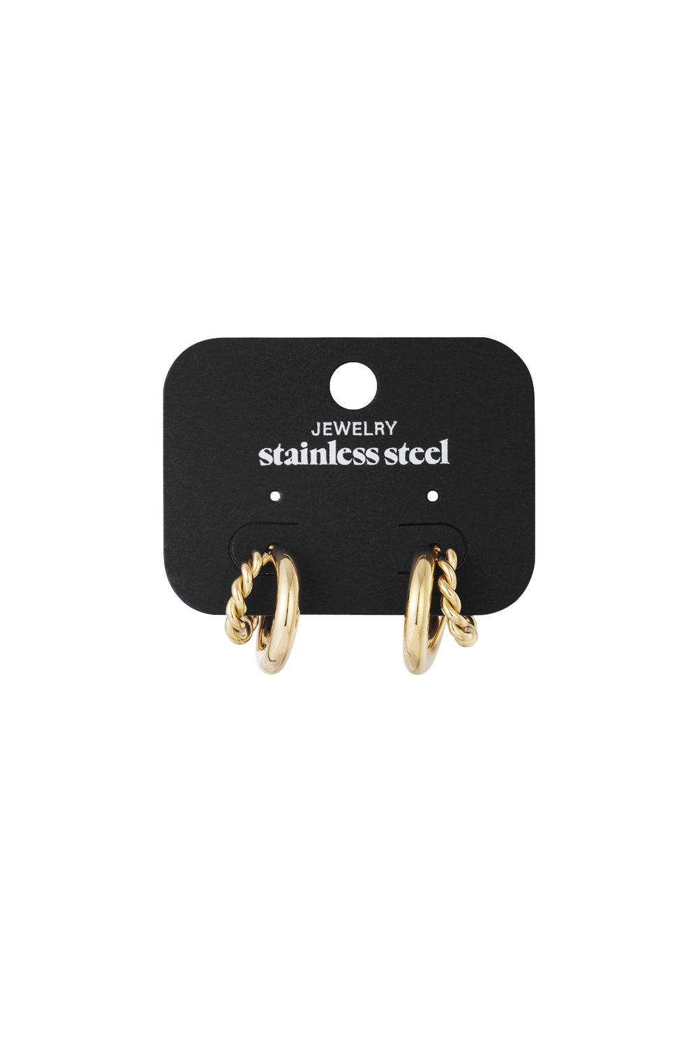 Gold-tone stainless steel hoop earrings featuring a mix of smooth and twisted textures on a black display card.