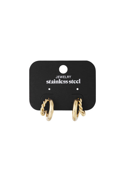 Gold-tone stainless steel hoop earrings featuring a mix of smooth and twisted textures on a black display card.