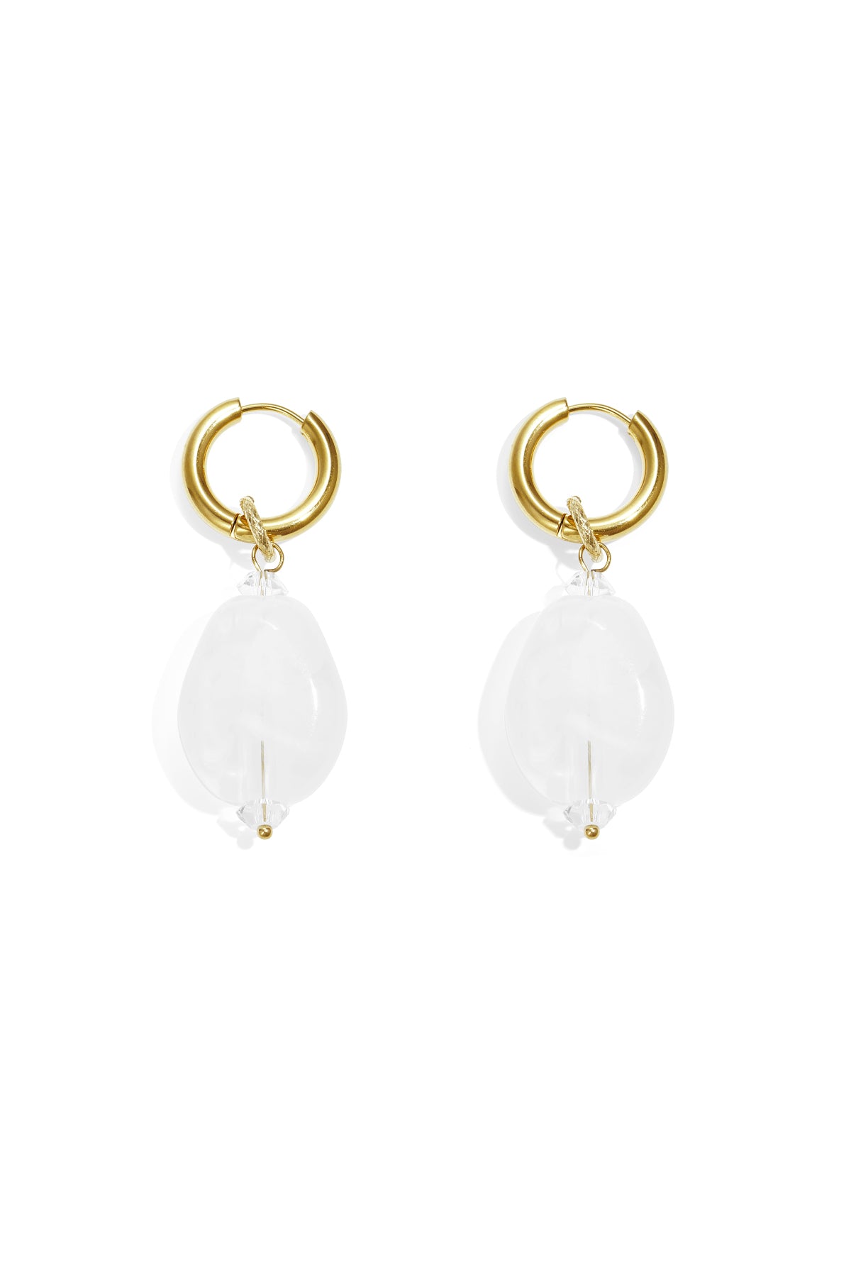 Gold hoop earrings with dangling, puffy, translucent white cloud-shaped pendants on a white background.
