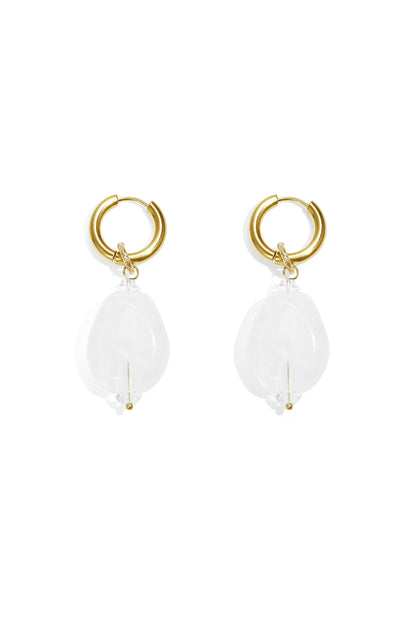 Gold hoop earrings with dangling, puffy, translucent white cloud-shaped pendants on a white background.
