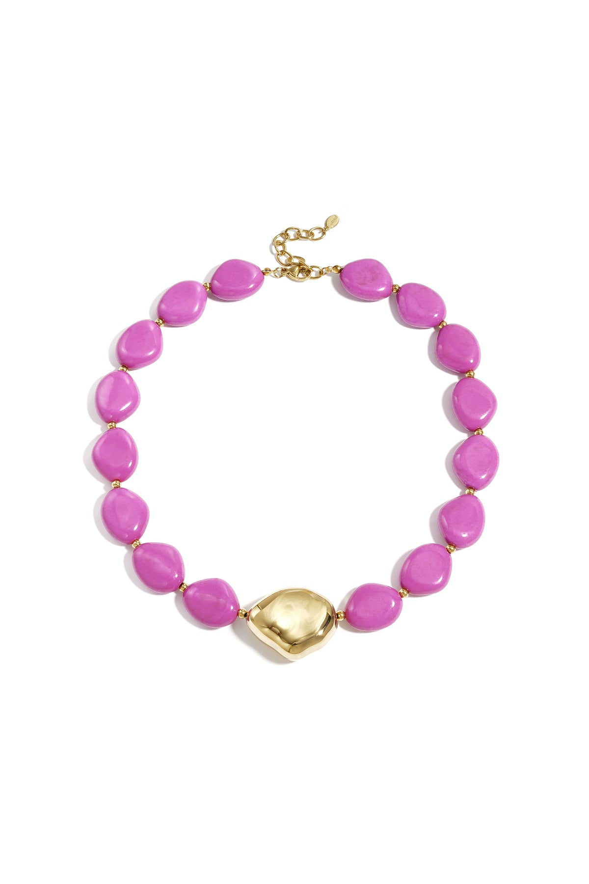 Close-up of vibrant pink beaded necklace with gold-tone centerpiece and clasp on white background