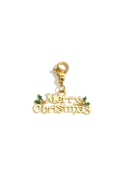 Gold-tone metal charm with "Merry Christmas" text and holly leaves, featuring a lobster clasp for attachment