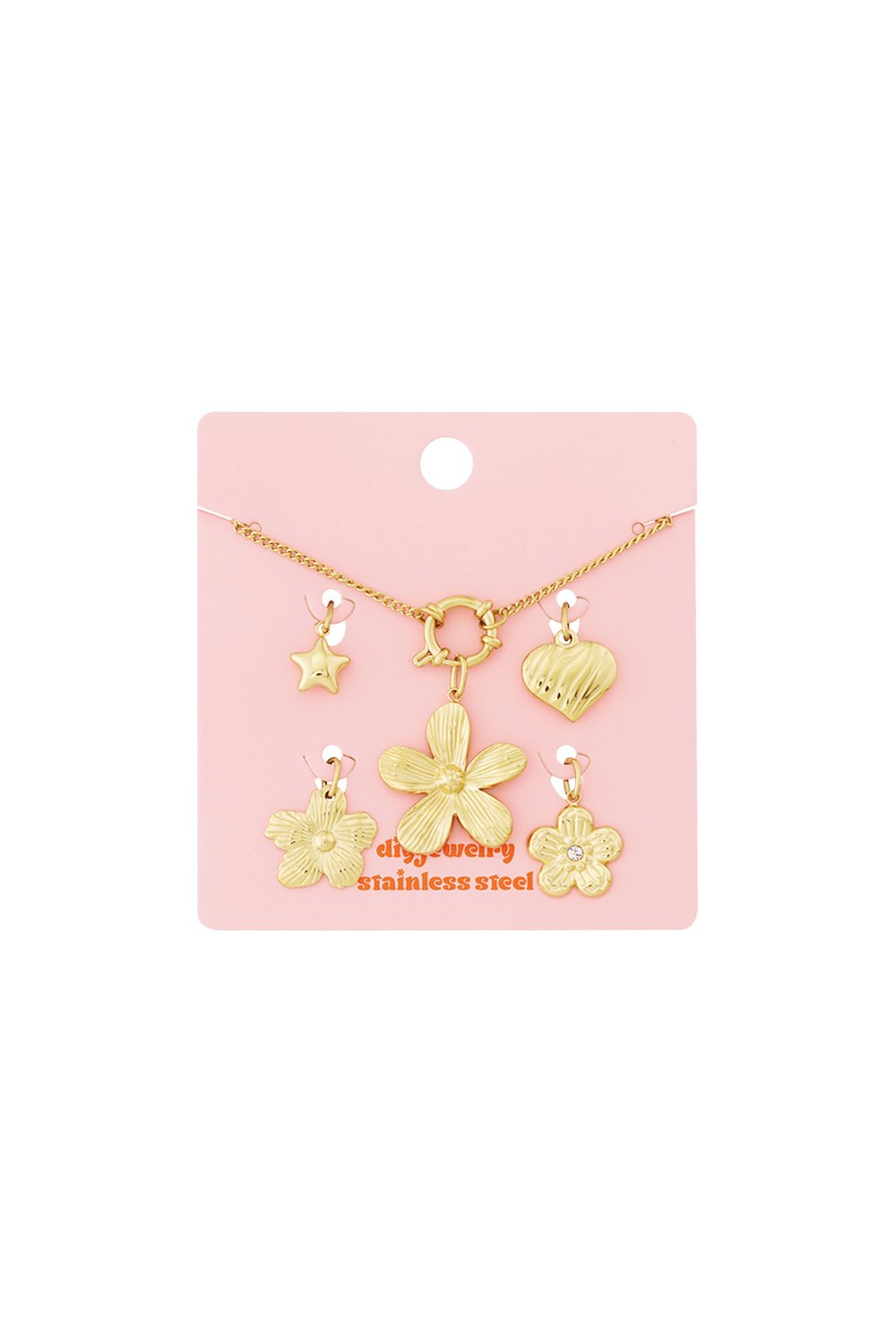 Radiant Crystal Charm Bracelet in gold-tone stainless steel with star, heart, and flower charms on a pink display card.