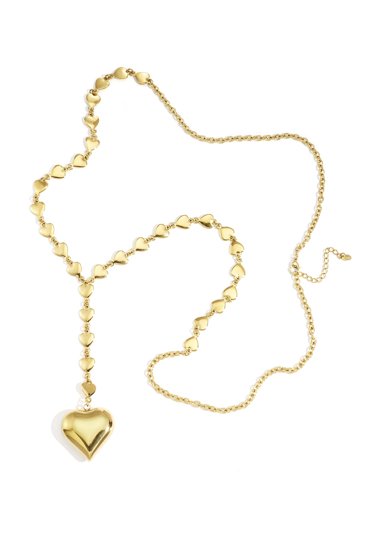 Gold-tone stainless steel necklace with small heart links and a larger heart pendant laying flat on white background