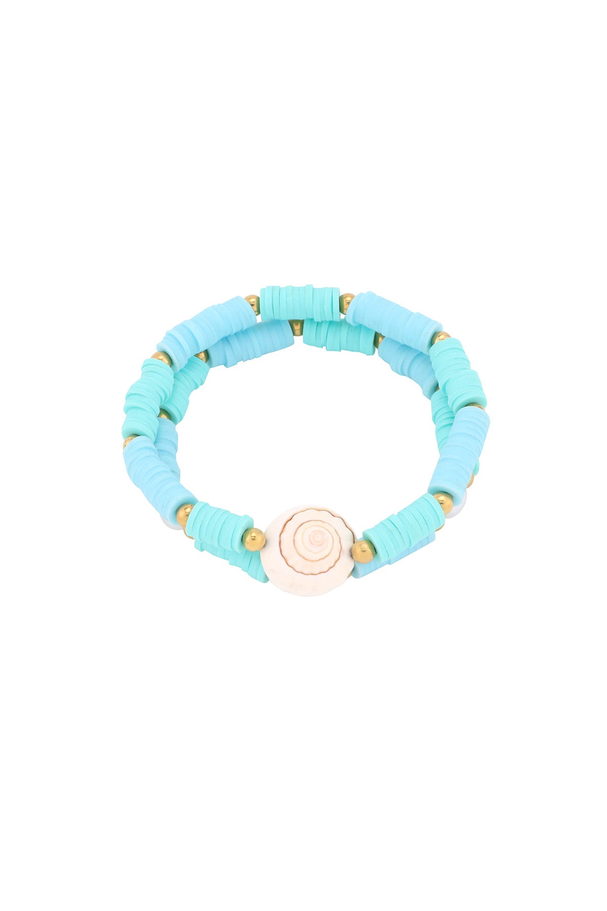 Blue and turquoise shell charm beaded bracelet with gold accents on white background