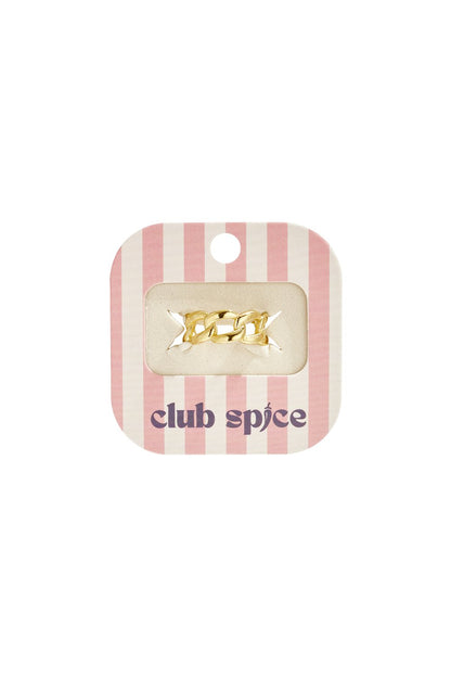 Gold chain link ring on a pink and white striped Club Spice branded display card.