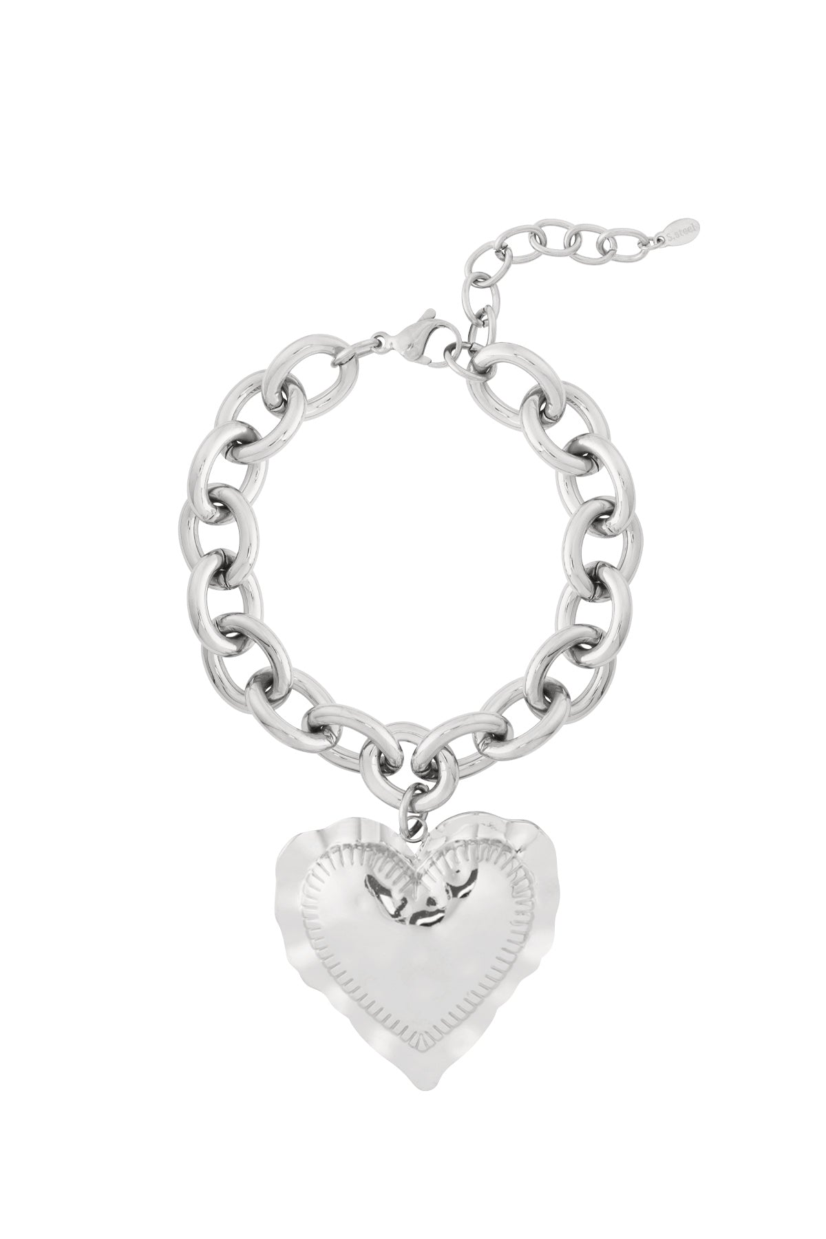 Silver chunky link bracelet with large hammered heart charm pendant on white background