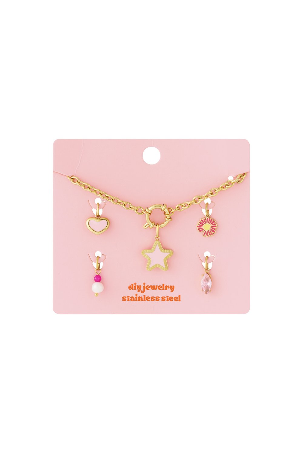 Main Character Drop gold-tone stainless steel chain necklace with removable star, heart, flower, pearl, and crystal charms.