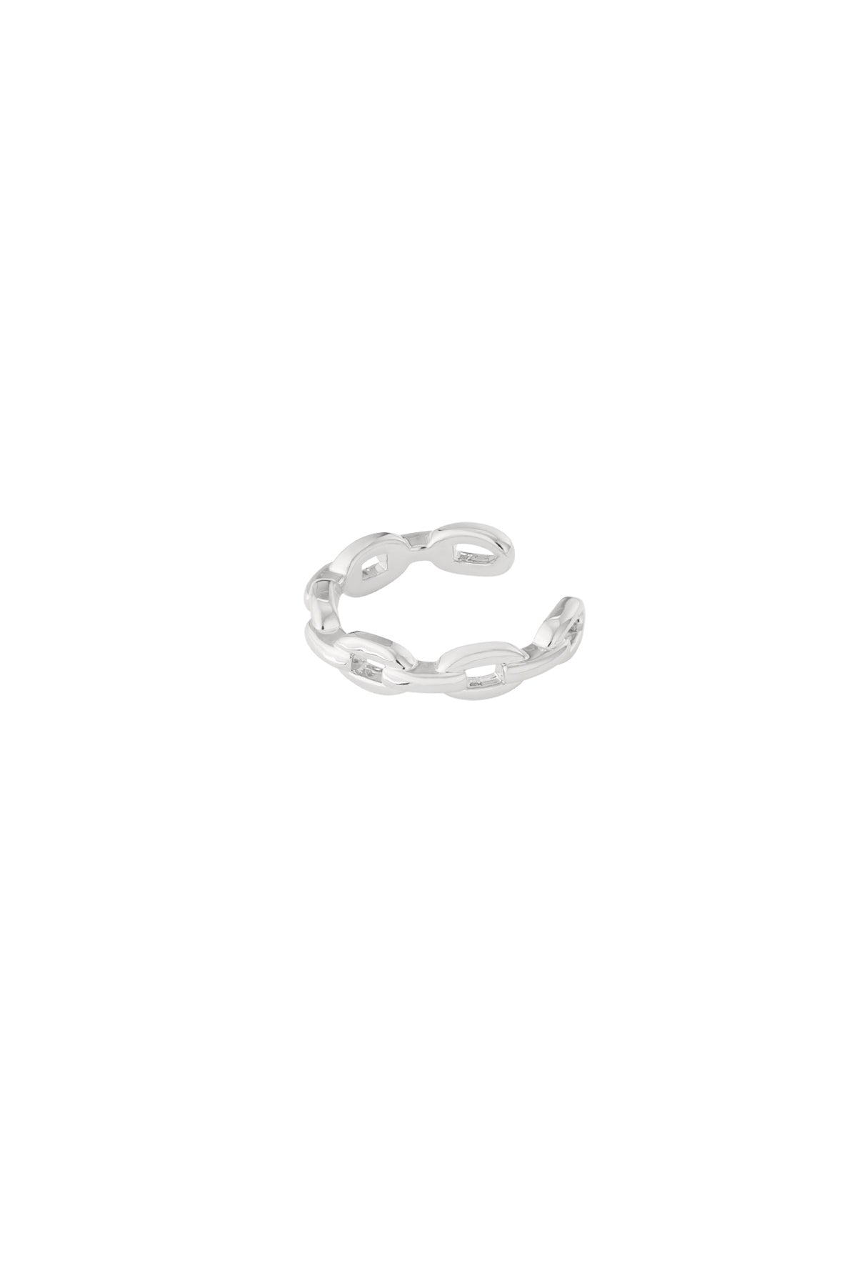 Silver-tone open chain link ear cuff with polished finish isolated on white background