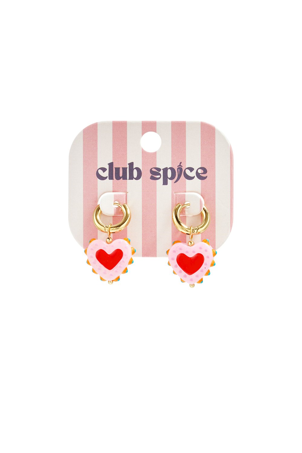 Gold hoop earrings with dangling, scalloped-edge pink heart charms featuring a bright red center on a branded card.