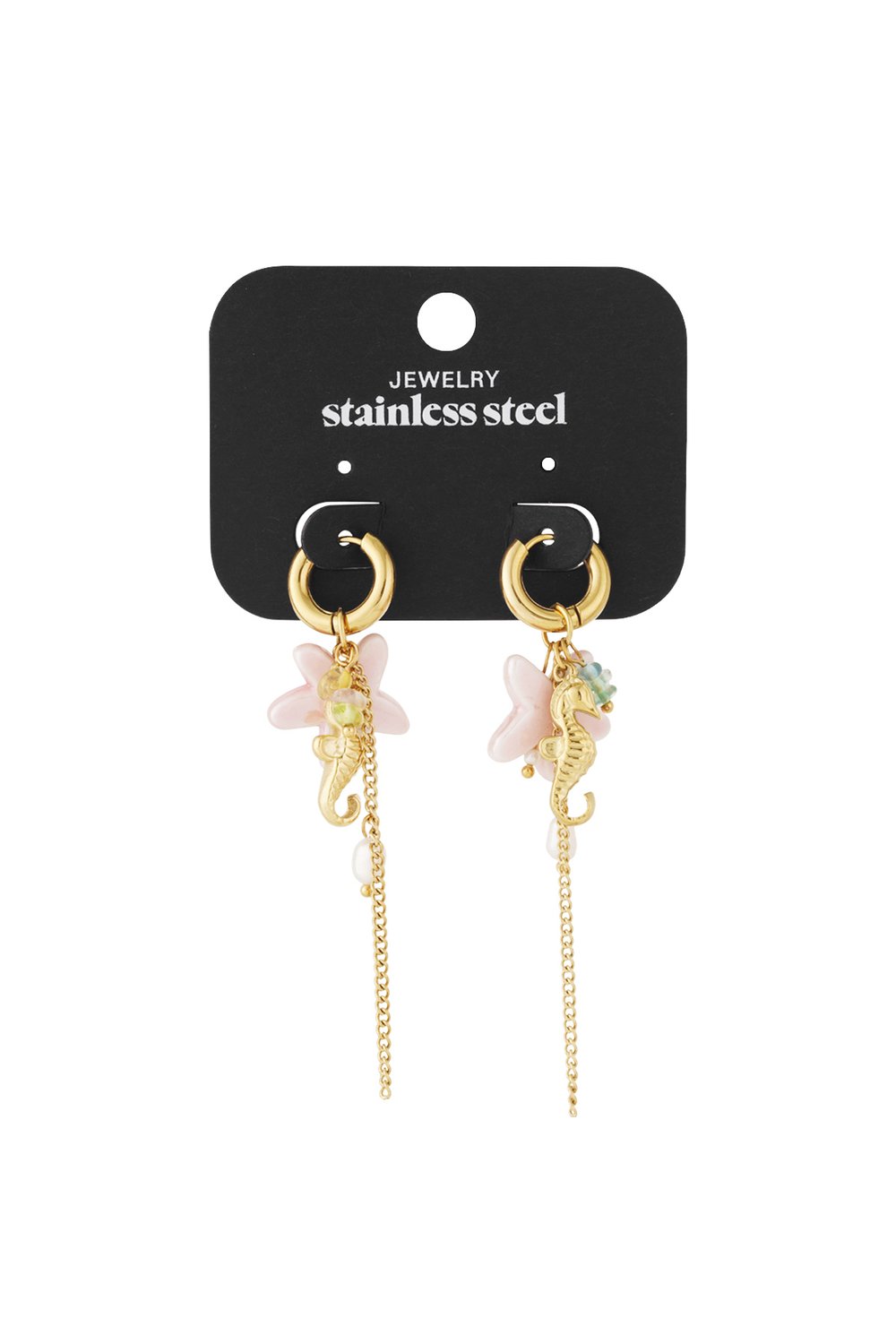 Gold stainless steel hoop drop earrings featuring seahorse charms, pink starfish, beads, and delicate chains.