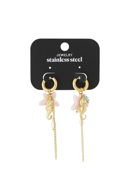 Gold stainless steel hoop drop earrings featuring seahorse charms, pink starfish, beads, and delicate chains.