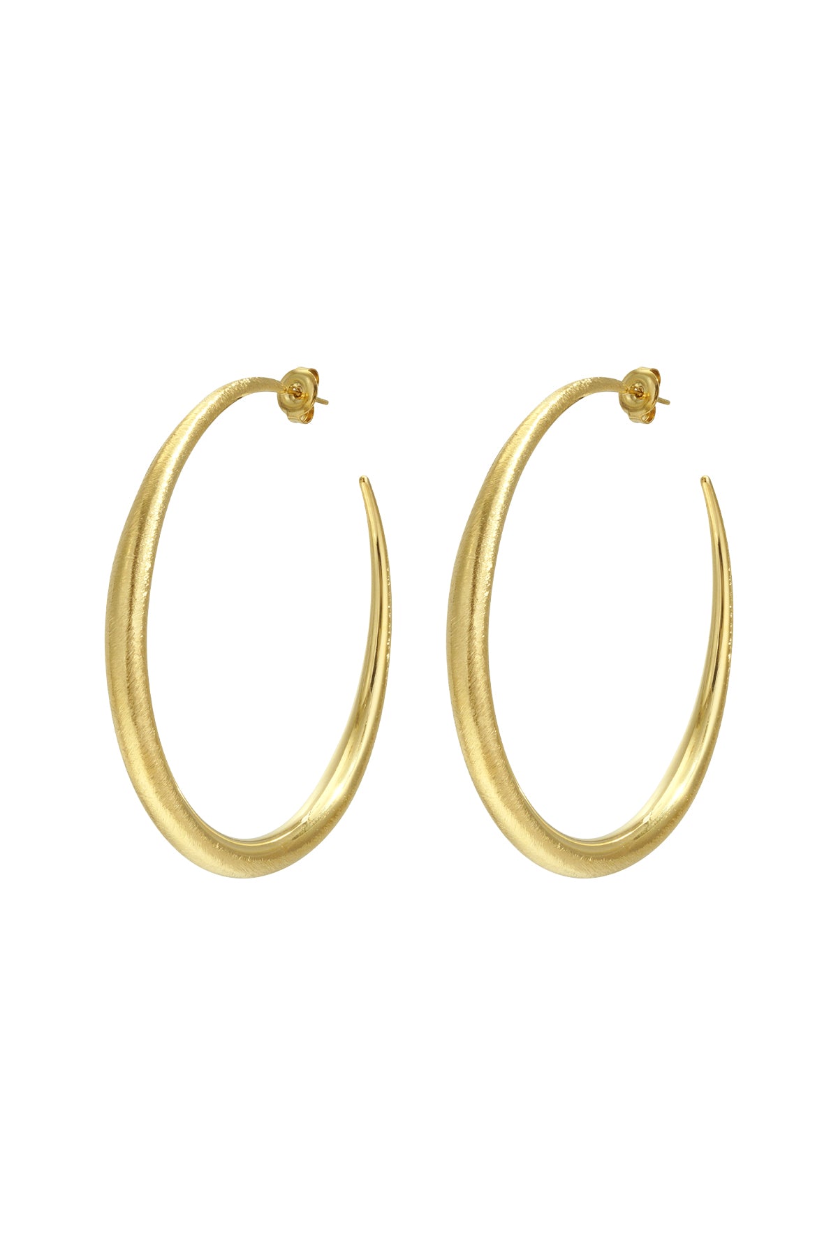 Pair of sculpted gold hoop earrings with a tapered design on white background