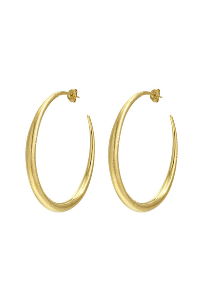 Pair of sculpted gold hoop earrings with a tapered design on white background