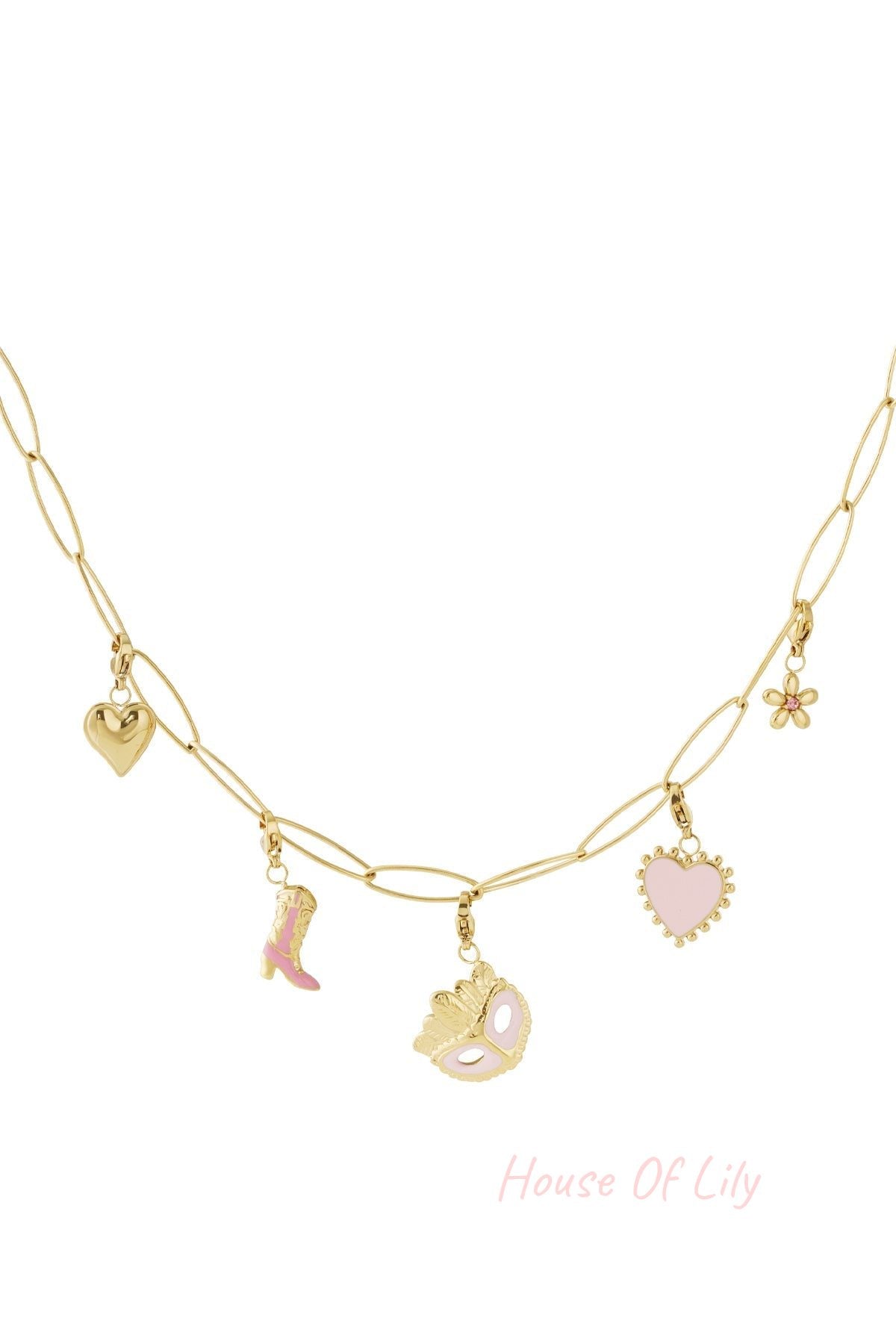 Gold charm link necklace laid flat showing elongated oval links and full selection of playful charms in soft pink and gold tones