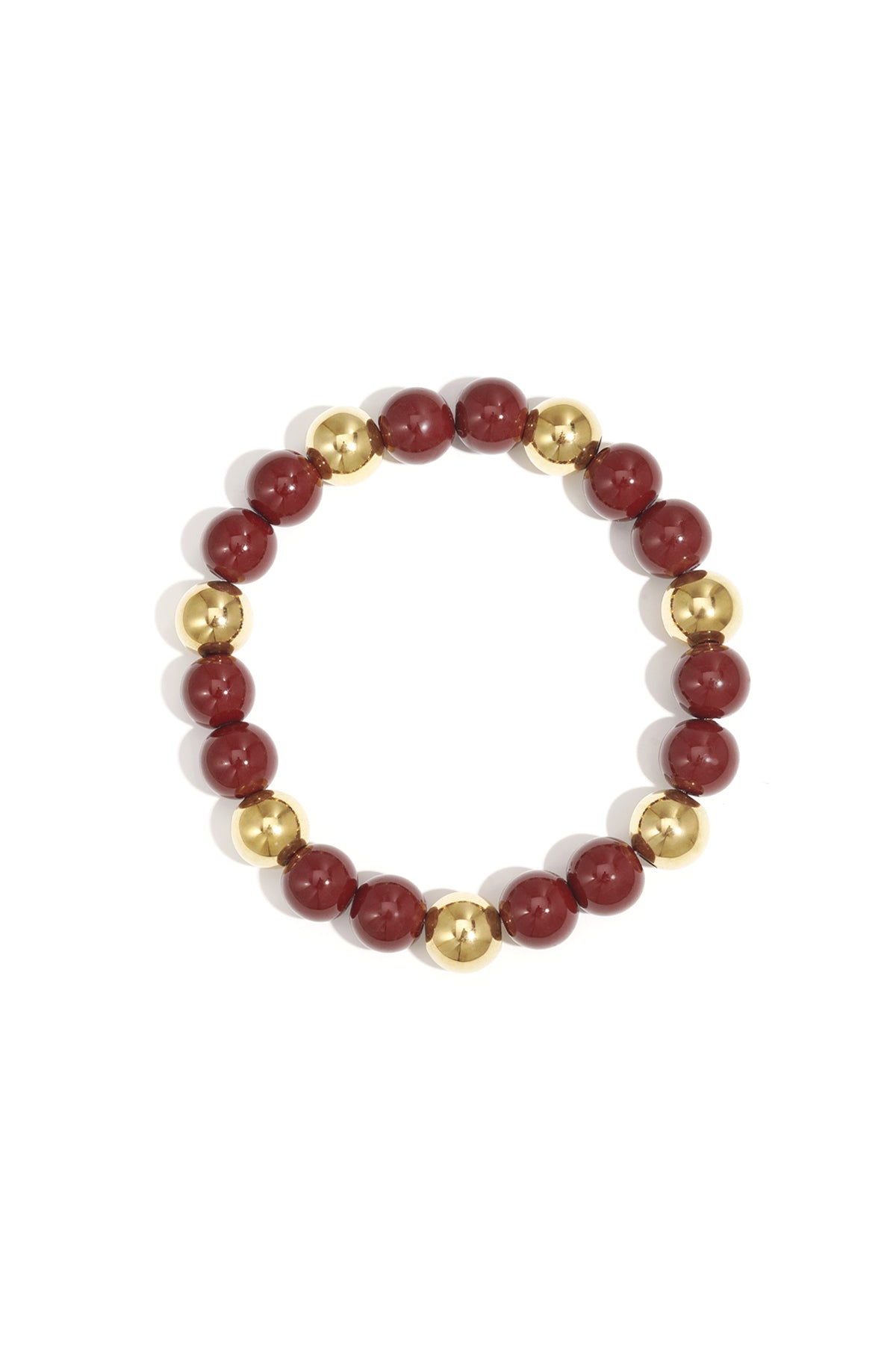 Single acrylic beaded bracelet featuring alternating cranberry red and gold-tone beads isolated on white background