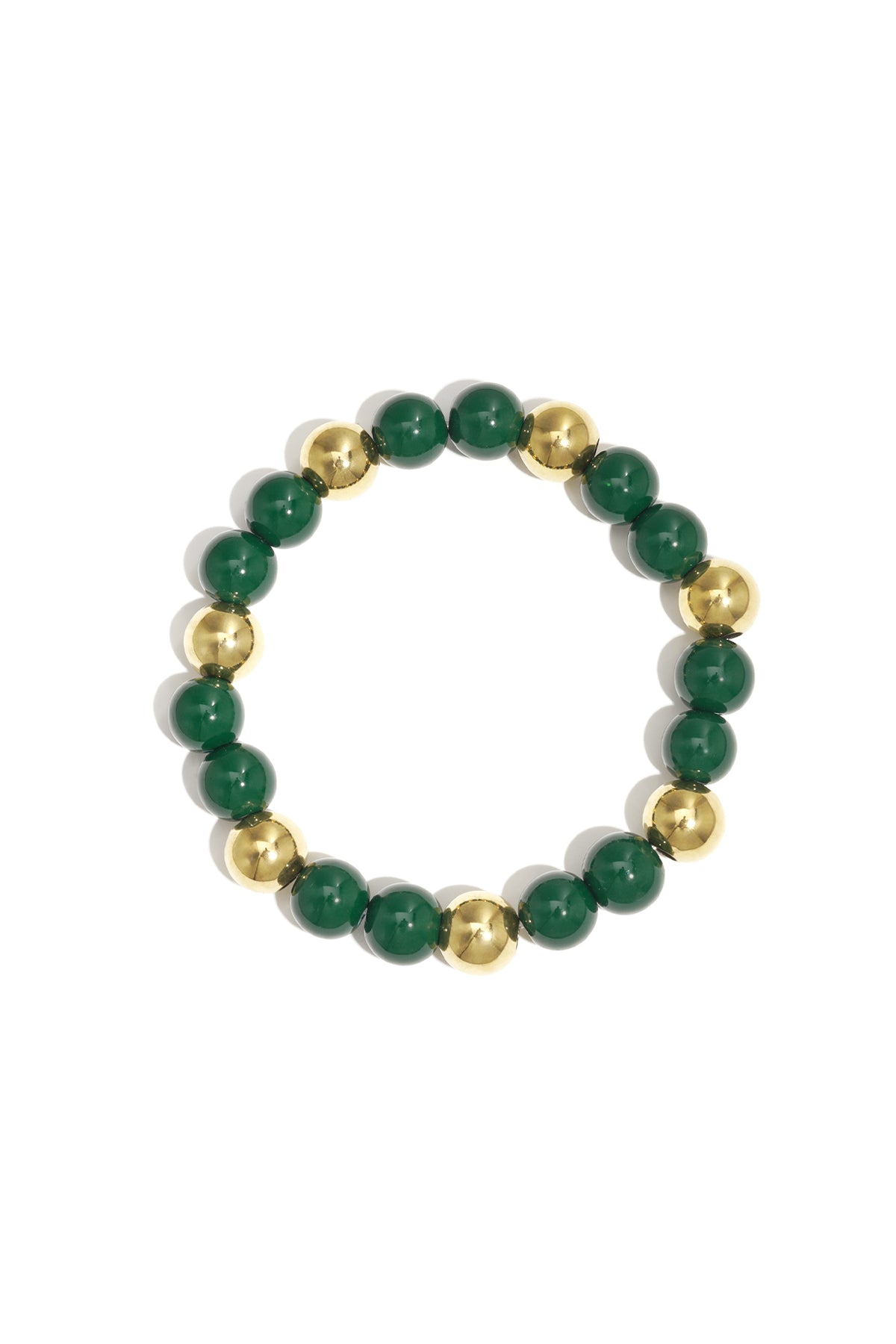 Single acrylic beaded bracelet featuring alternating forest green and gold-tone beads isolated on white background