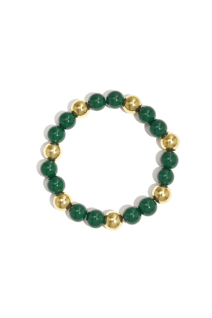 Single acrylic beaded bracelet featuring alternating forest green and gold-tone beads isolated on white background