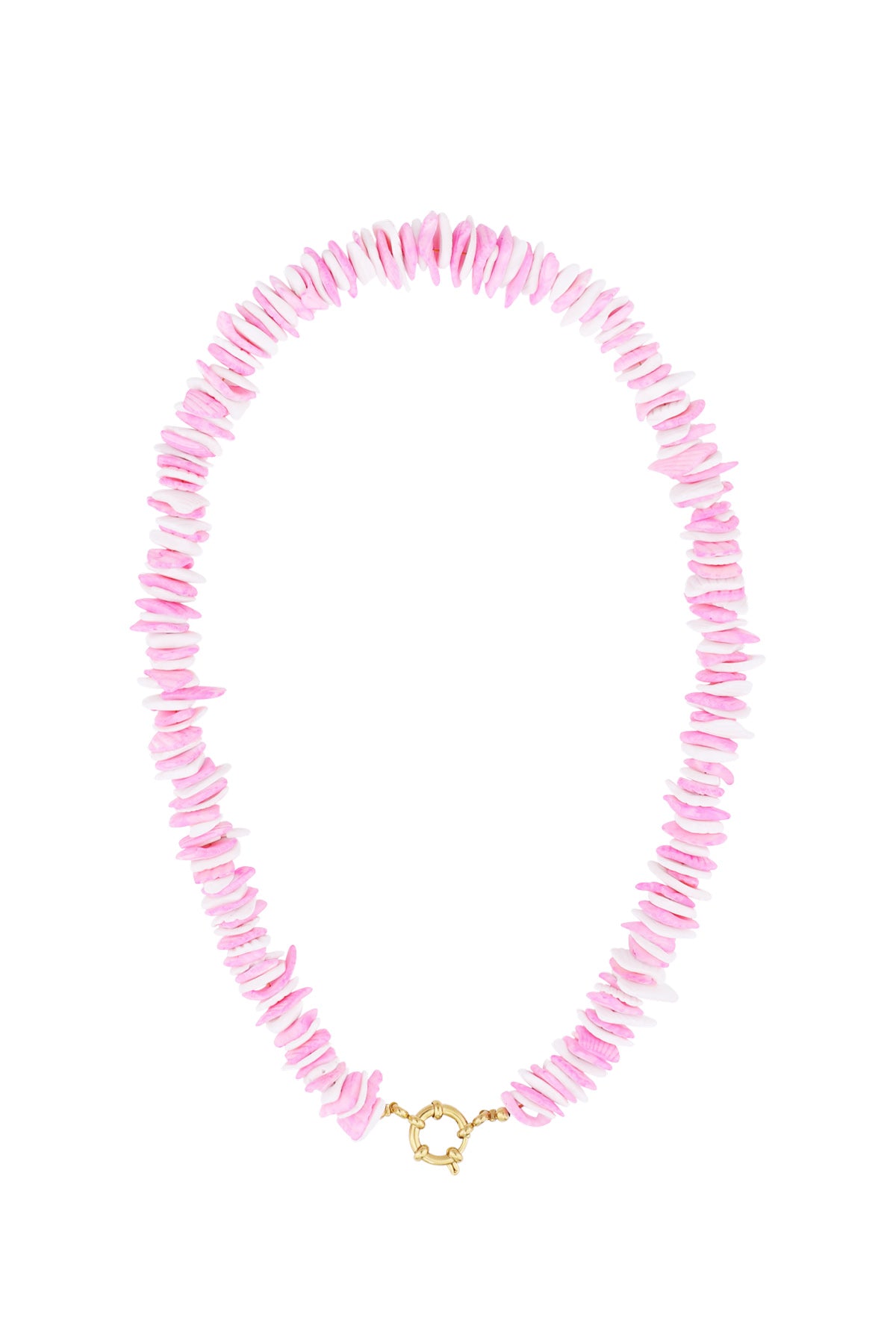 Pastel pink shell choker necklace with gold clasp on white background