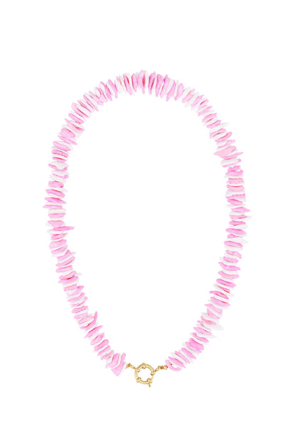 Pastel pink shell choker necklace with gold clasp on white background
