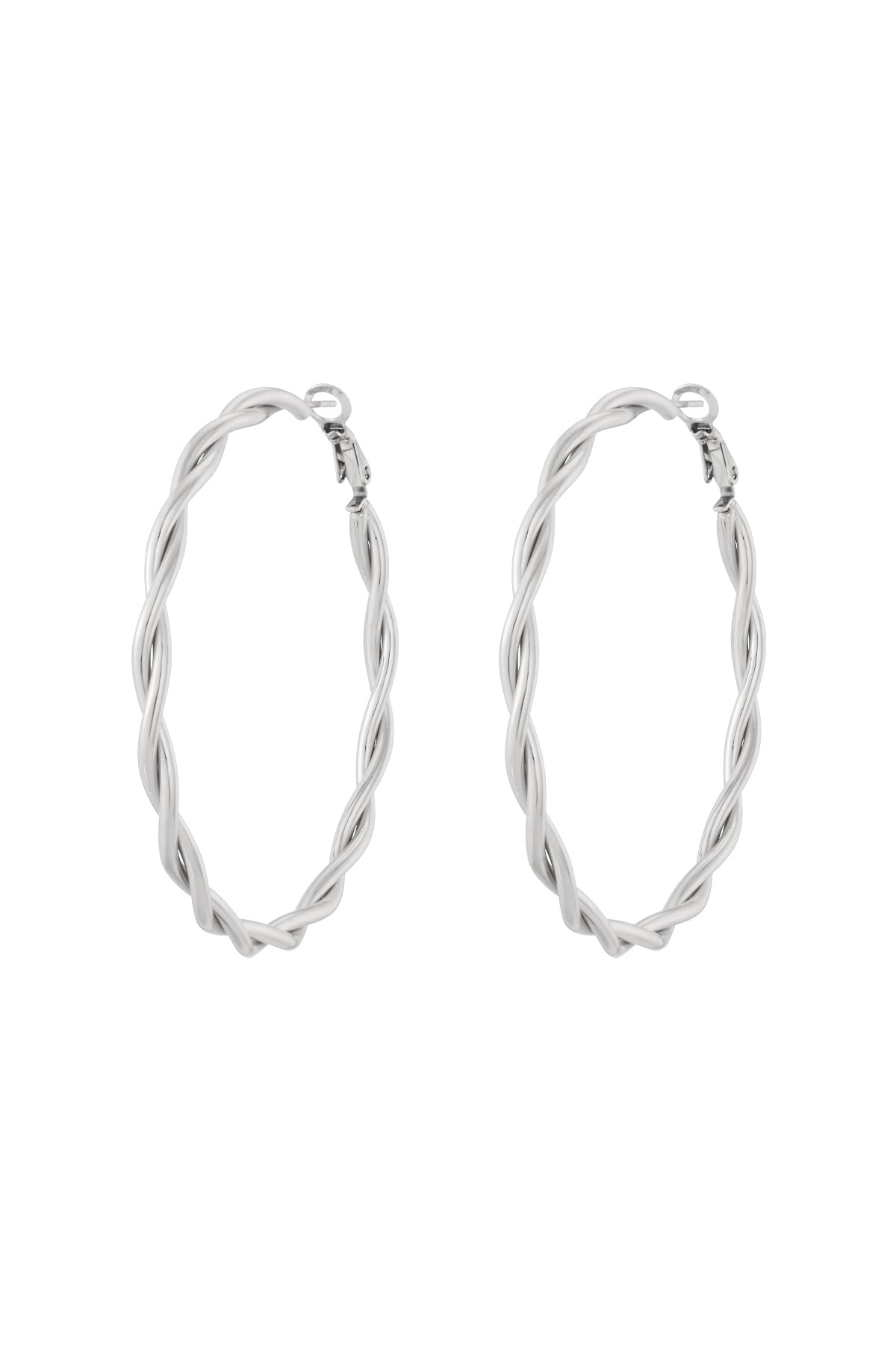 Pair of silver twisted oval hoop earrings with latch back closures on white background