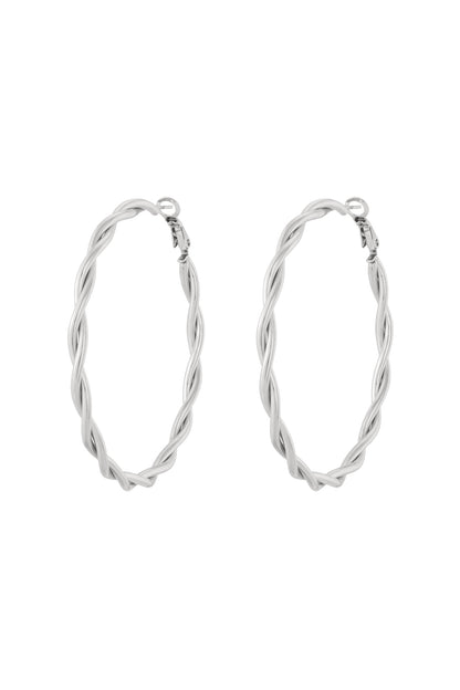 Pair of silver twisted oval hoop earrings with latch back closures on white background