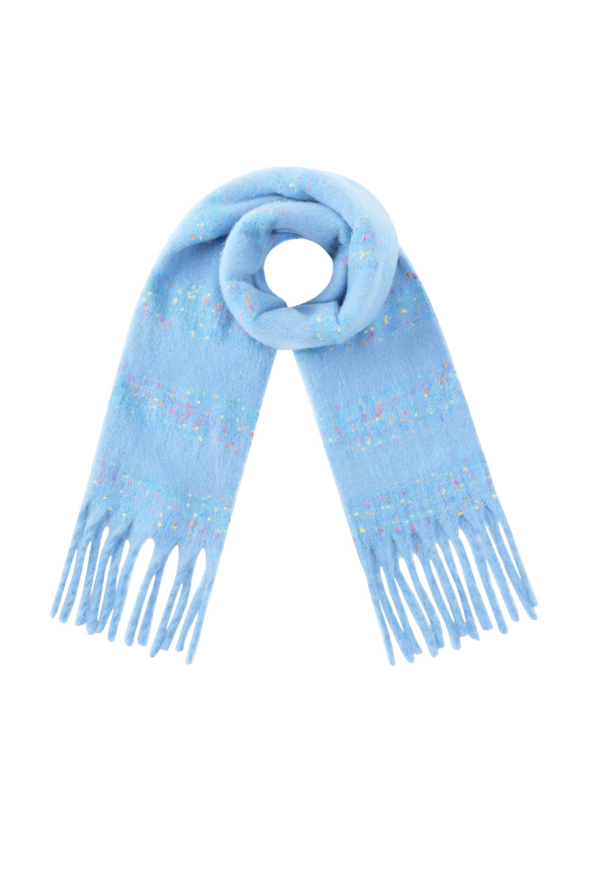 Light blue scarf with confetti speckles and fringed ends laid flat in a looped shape