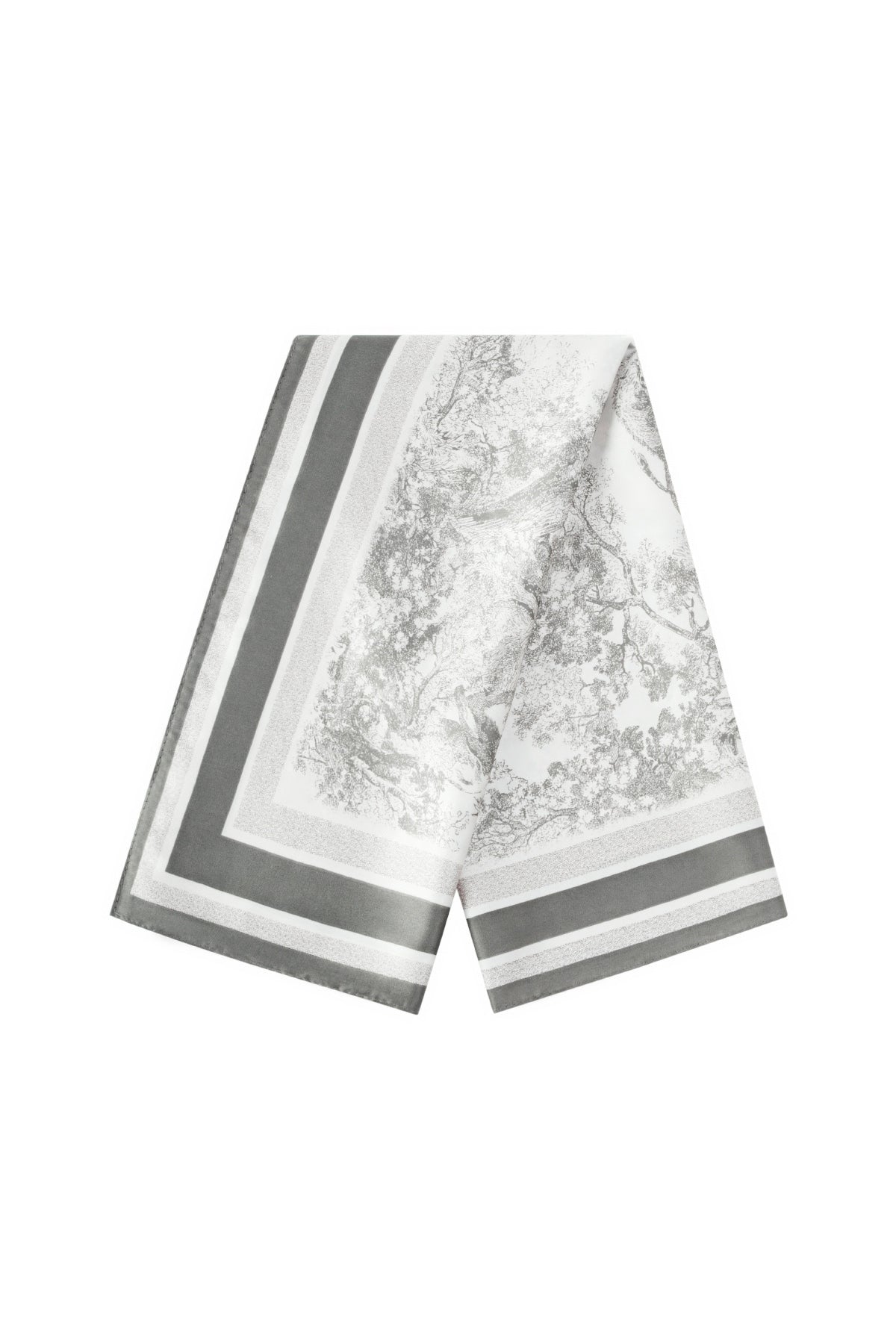 Folded gray and white polyester scarf with scenic and striped print