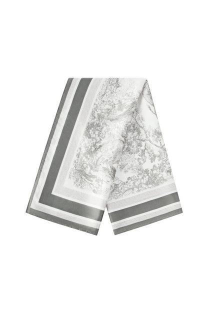Folded gray and white polyester scarf with scenic and striped print