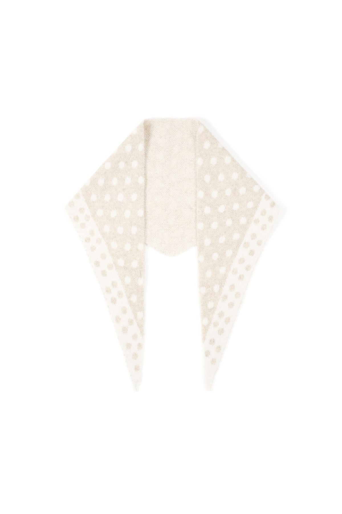 White and beige polka dot triangle scarf folded flat with a soft knit texture