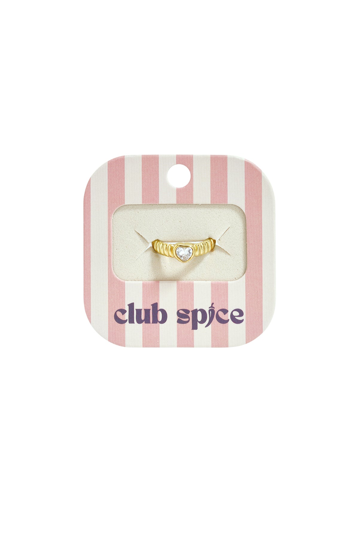 Gold-toned ring with a ribbed band and a small heart-shaped crystal, mounted on a striped pink and white display card.