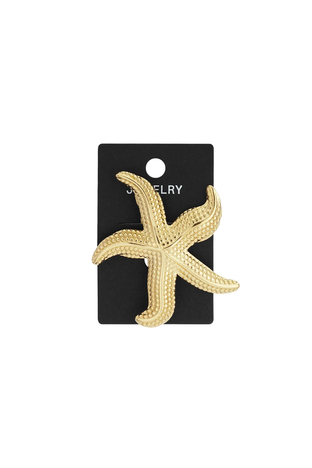 Gold-toned starfish brooch with a textured, pebbled surface finish on a black retail display card.