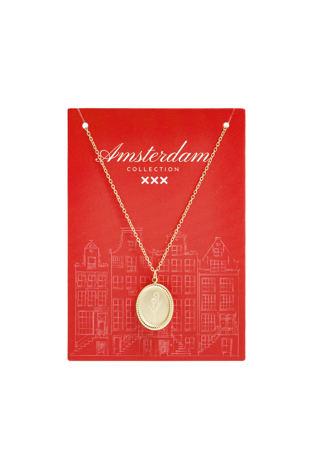 Gold tulip blossom pendant necklace displayed on red Amsterdam Collection card
