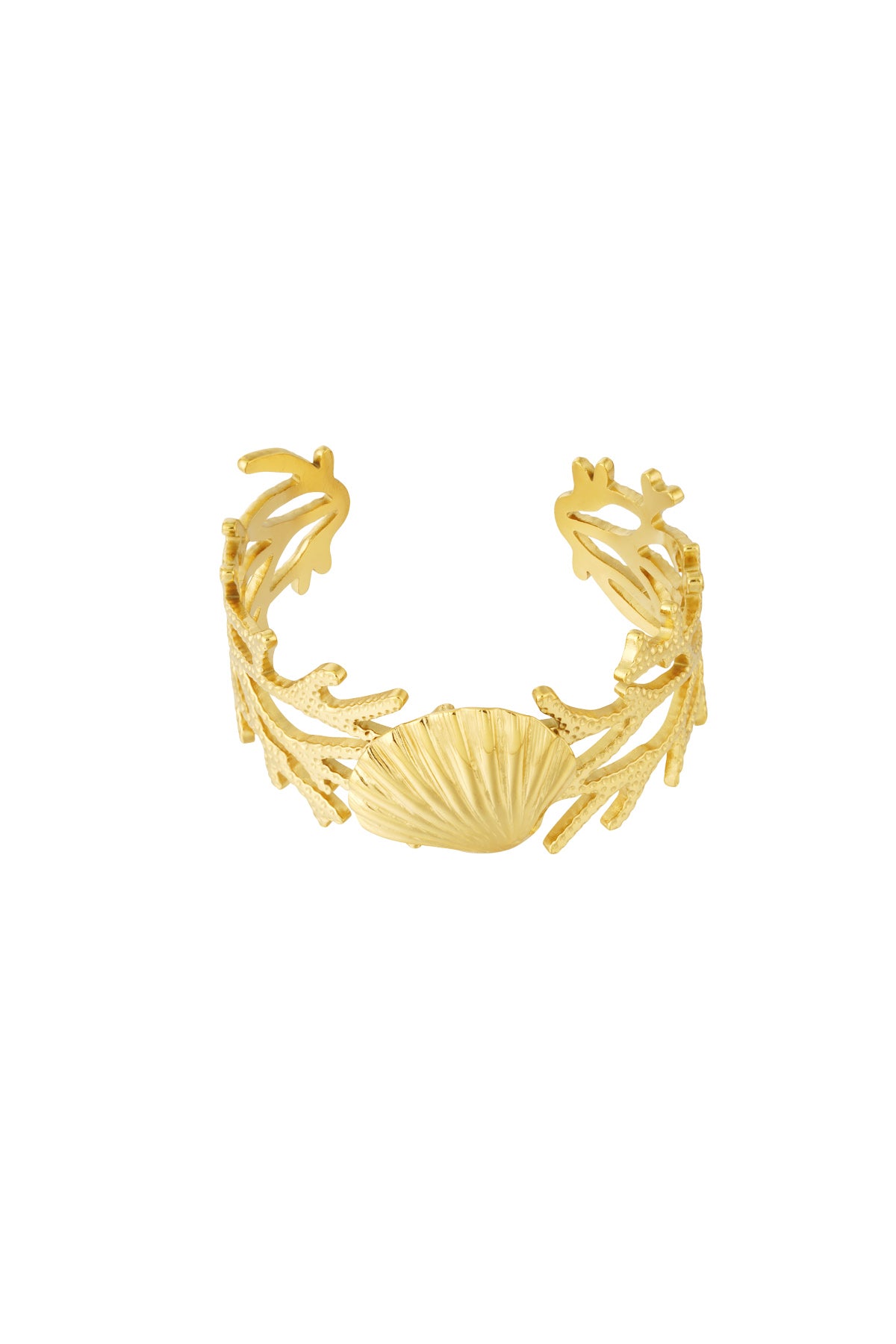 Golden cuff bracelet with open coral branch design and central seashell motif on white background