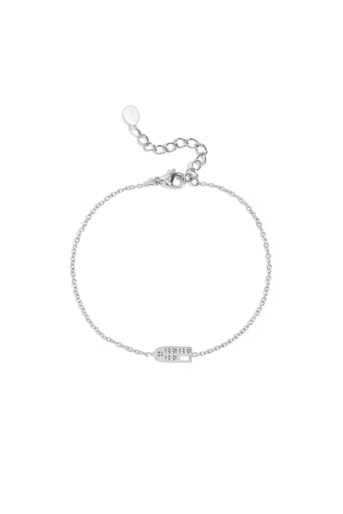 Silver domino charm bracelet with delicate fine chain and adjustable clasp on white background