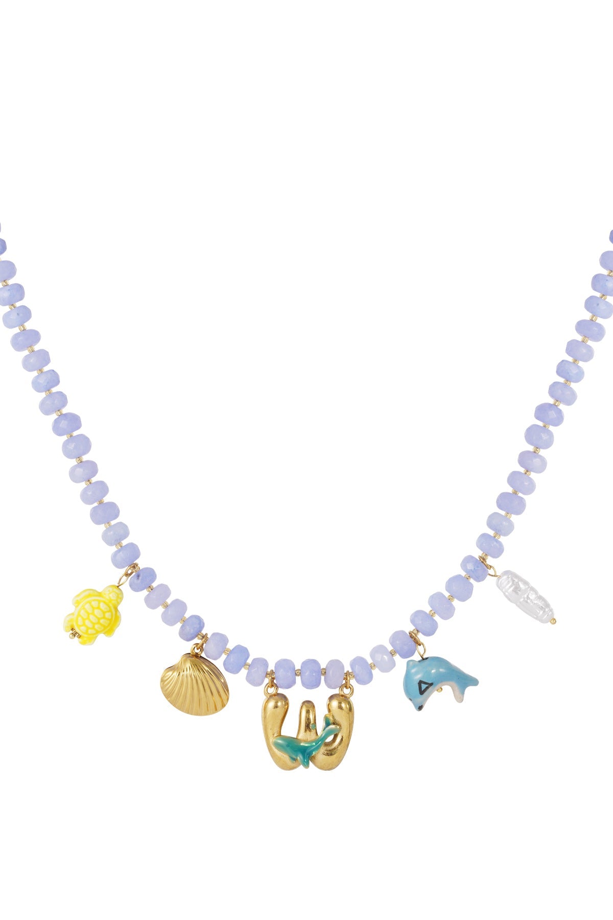 Lavender beaded necklace with gold-tone ocean charms, including a seashell, sea turtle, dolphin, and letter W charm.