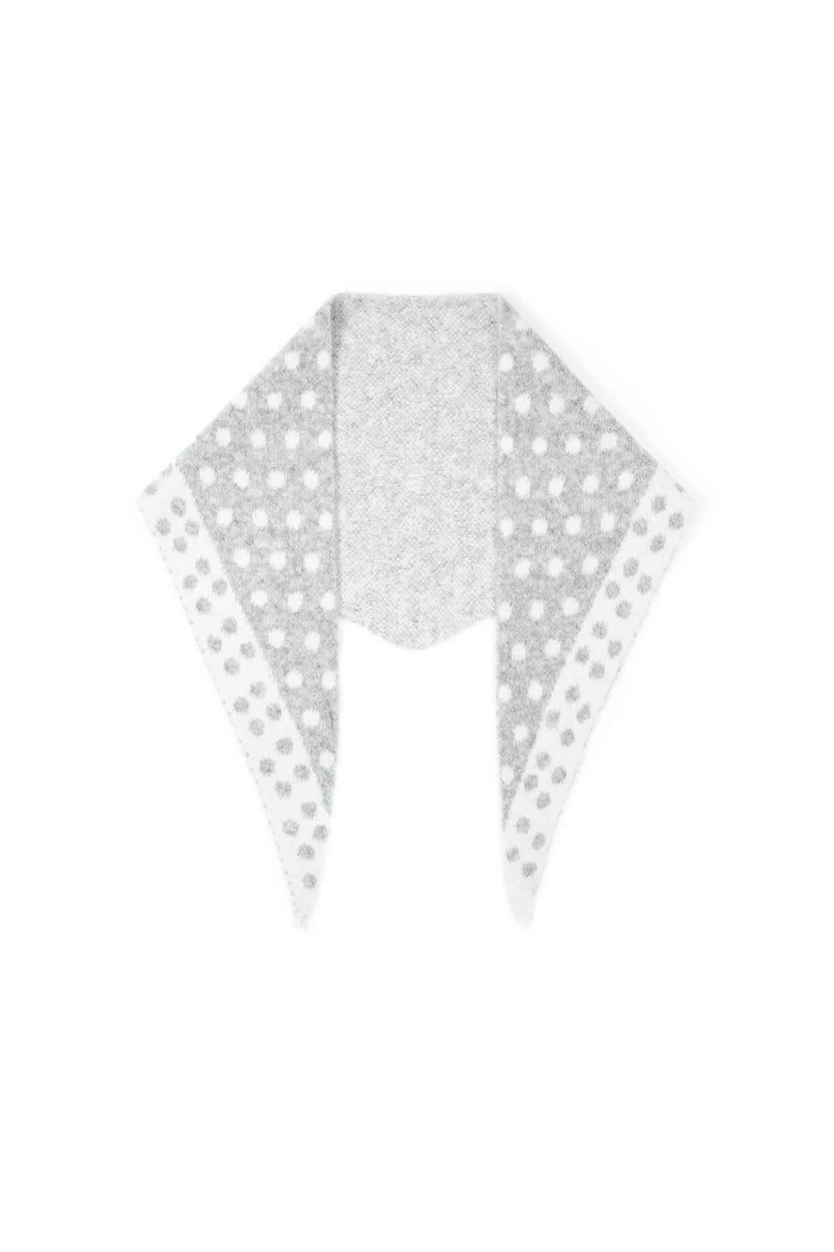 Gray and white polka dot triangle scarf folded flat showing both colors