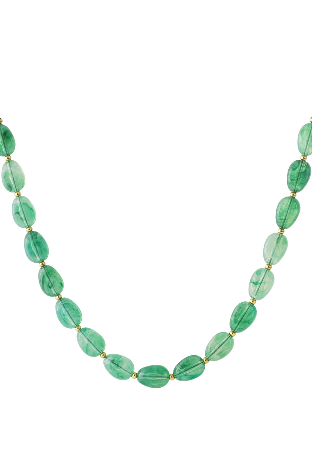 Close-up view of green acrylic beaded necklace with gold spacer beads against white background