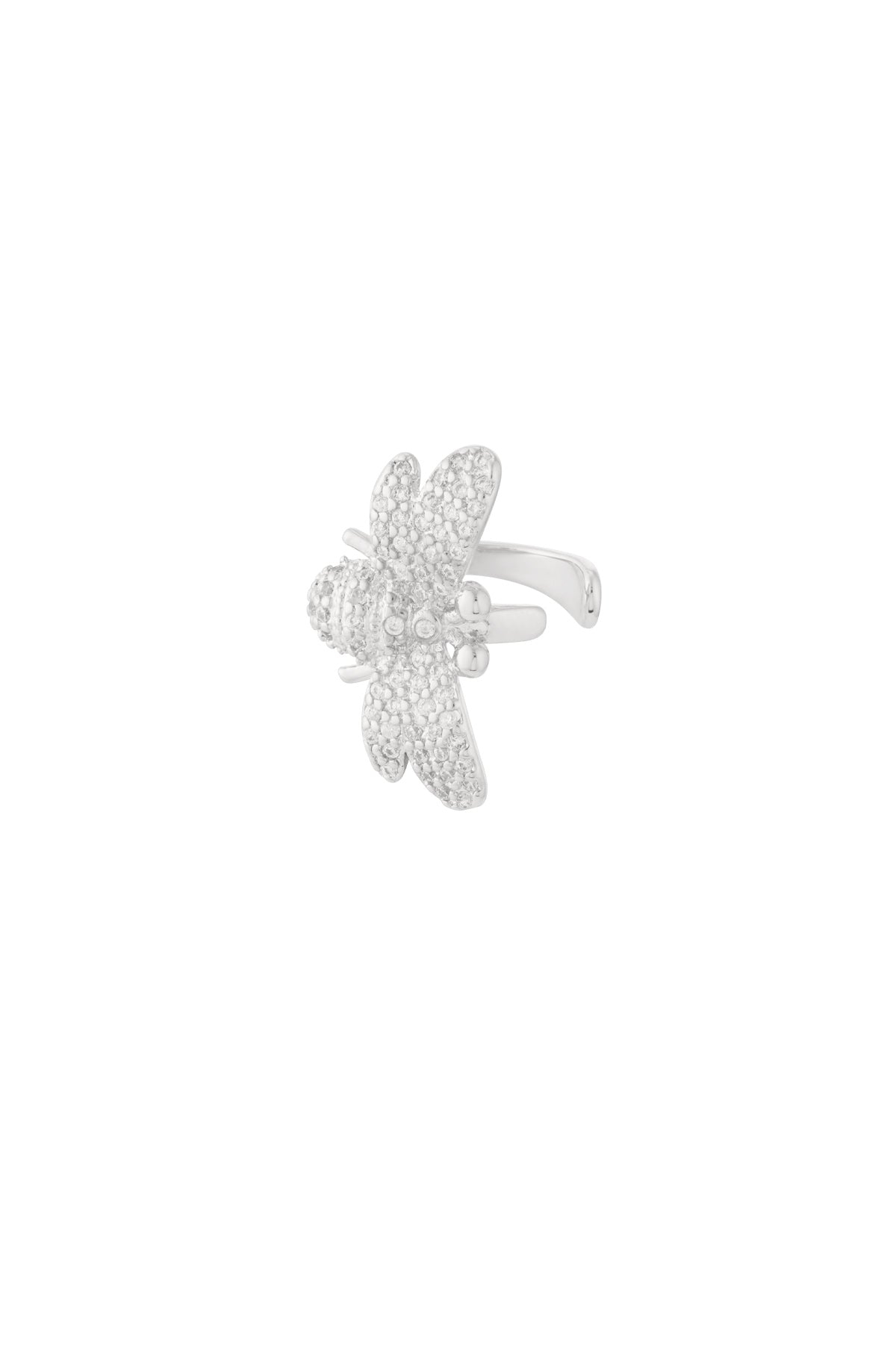 Close-up image of a silver ear cuff shaped like a bee with sparkling zircon crystals