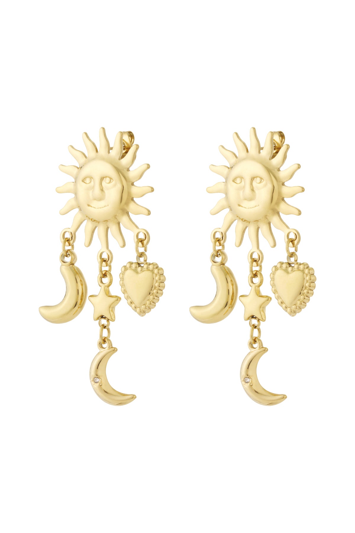 Pair of gold-tone celestial charm drop earrings featuring sun faces with dangling moon, star, and heart charms against white background