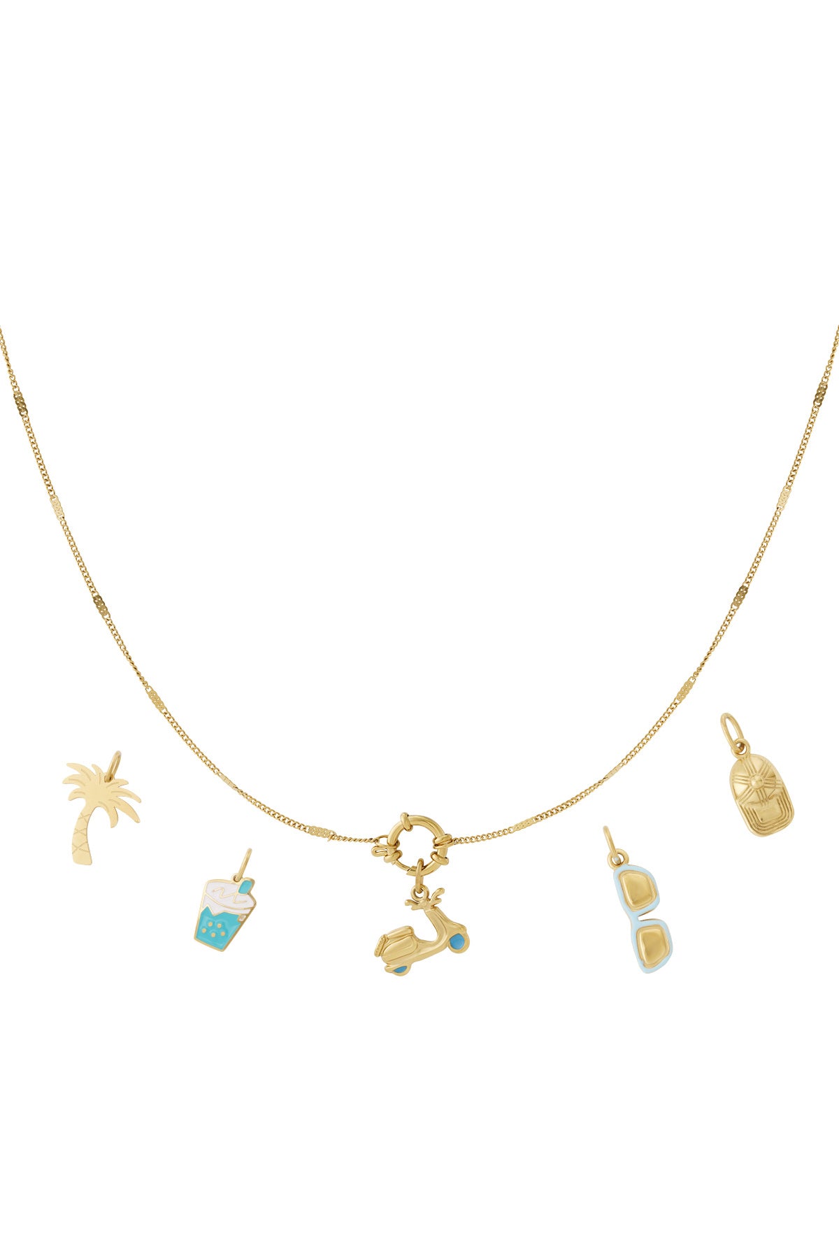 Gold chain necklace with removable summer-themed charms including palm tree, bubble tea, scooter, sunglasses, and sun hat